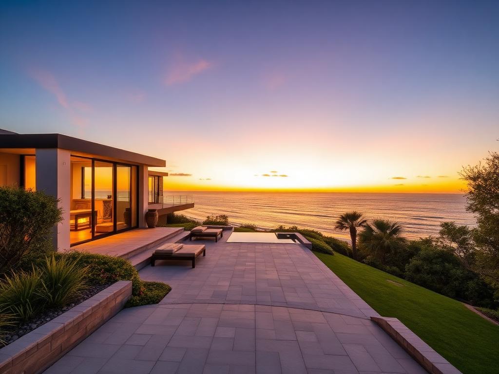 Modern coastal home with ocean views at sunset in Palos Verdes