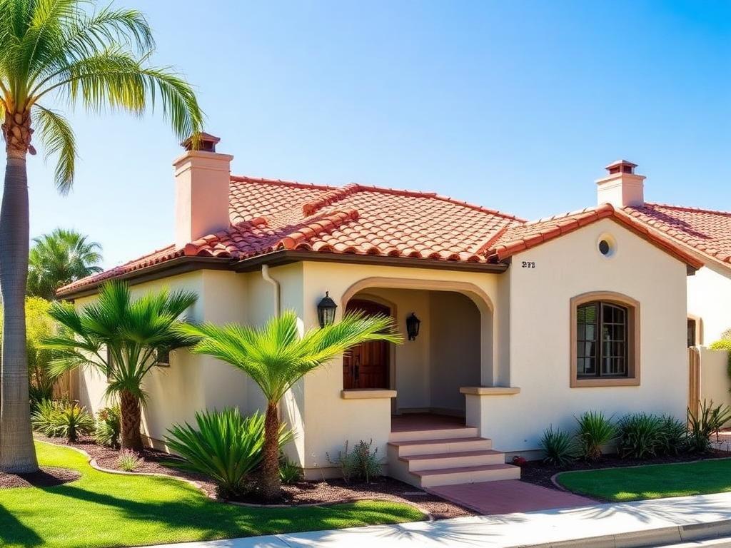 Spanish-style California bungalow with terracotta roof and palm trees
